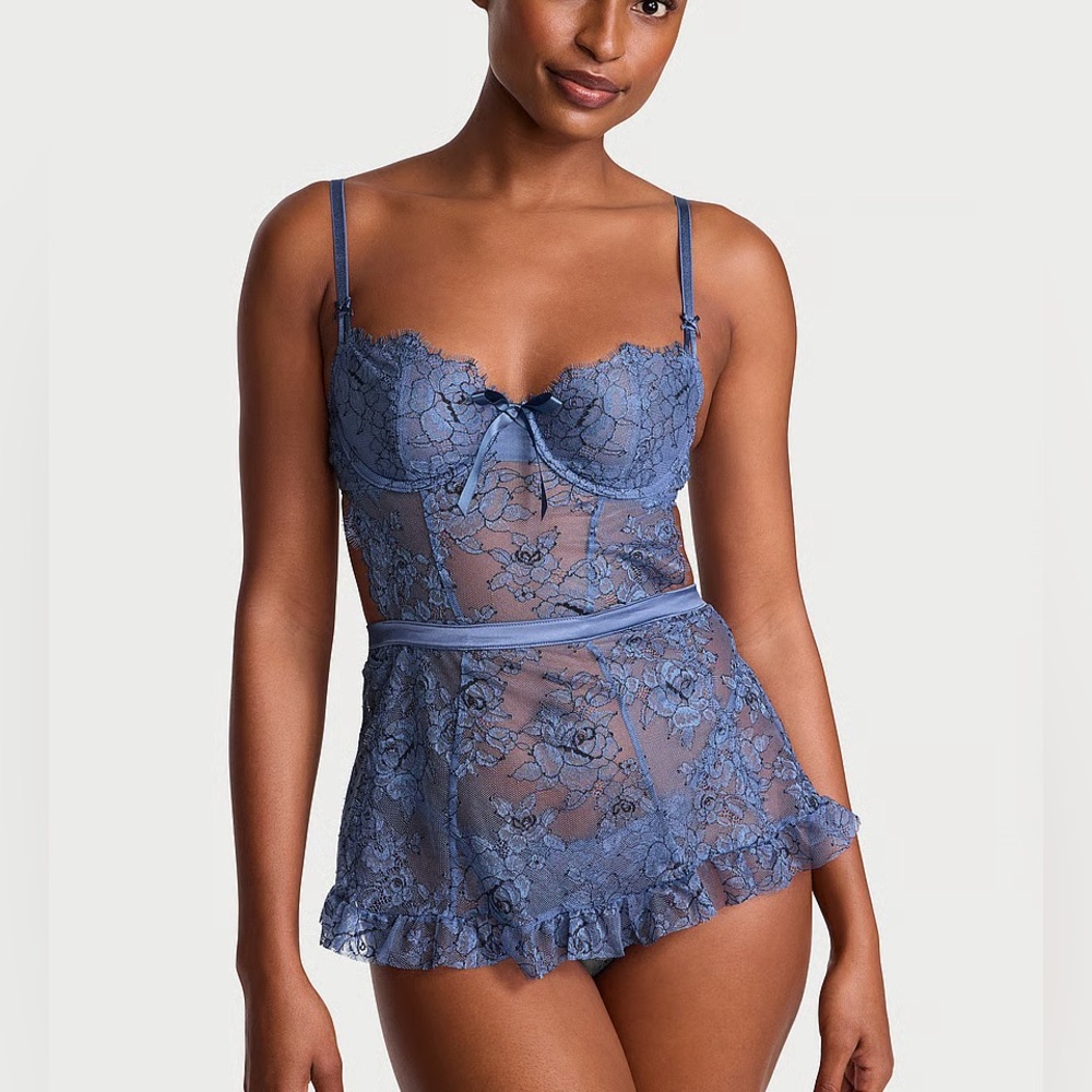 Victoria’s Secret Wicked Unlined Denim Rose Lace Apron Blue Lingerie Large Blue